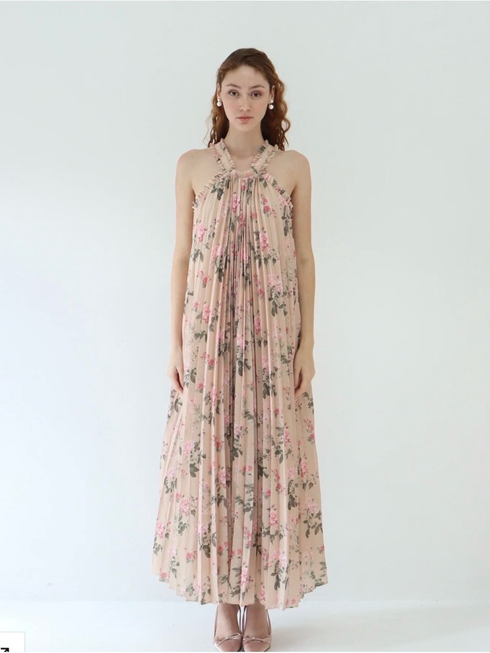 Pleated Halter Floral Maxi Dress in Blush Pink